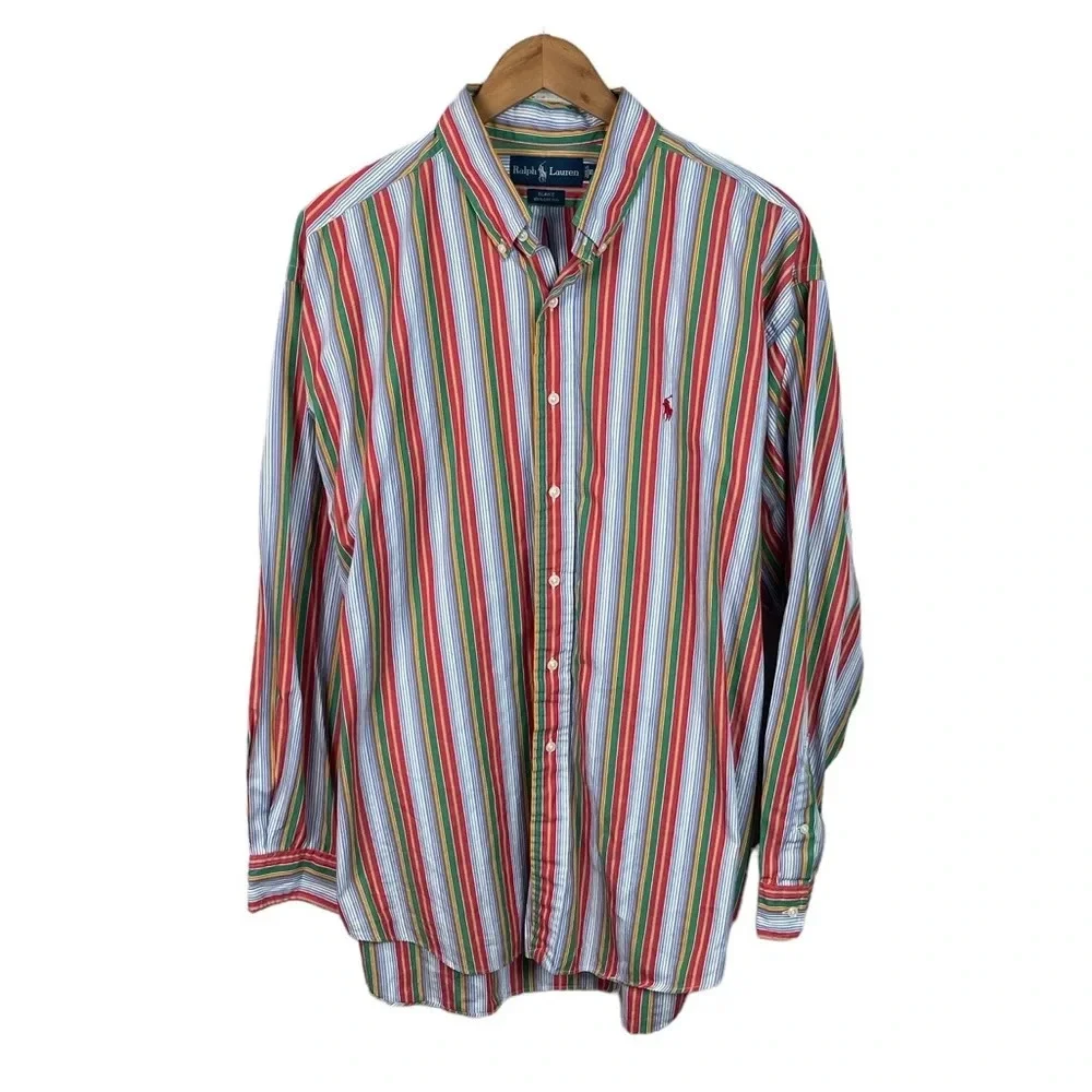 BF962 Vintage Mens Polo Ralph Lauren Blake Striped Designer Button Shirt XL
